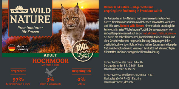 Dehner Wild Nature Nassfutter für Katzen Hochmoor Adult, Ente & Pute, 200 g/400 g