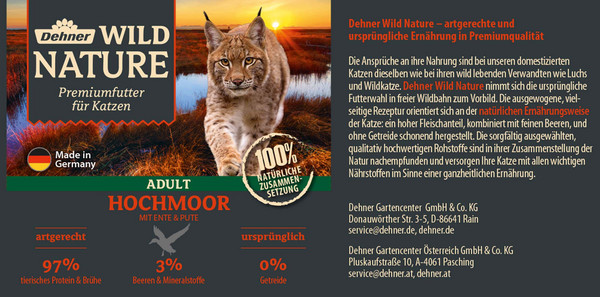 Dehner Wild Nature Nassfutter für Katzen Hochmoor Adult, Ente & Pute, 6 x 200 g/400 g