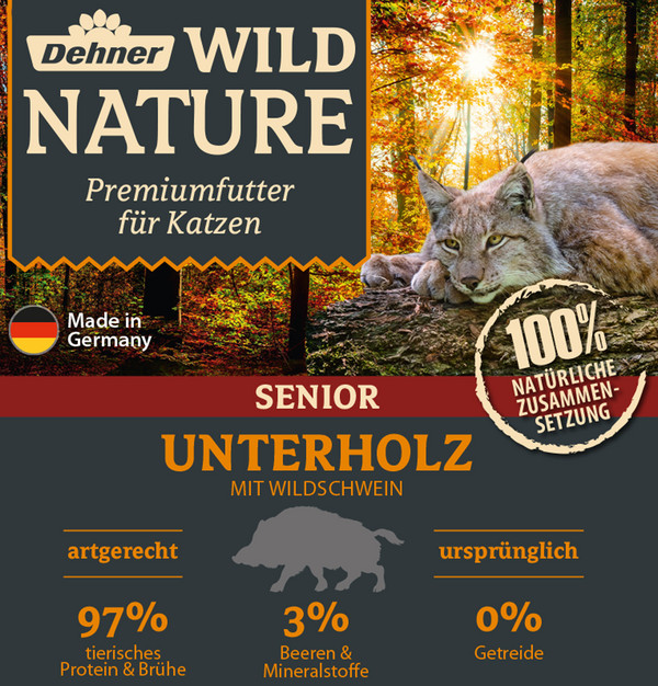 Dehner Wild Nature Nassfutter für Katzen Unterholz Senior, Wildschwein, 16 x 100 g