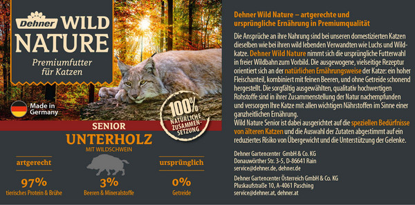 Dehner Wild Nature Nassfutter für Katzen Unterholz Senior, Wildschwein, 200 g/400 g