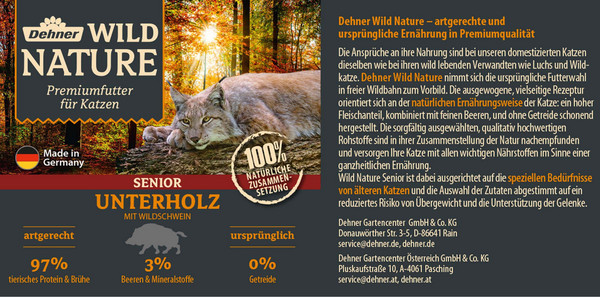 Dehner Wild Nature Nassfutter für Katzen Unterholz Senior, Wildschwein, 6 x 200 g/400 g