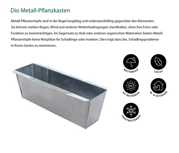 Dio Metall-Pflanzkasten verzinkt für Palettenholz-Möbel, rechteckig, silber, ca. B35,5/H12/T12,5 cm