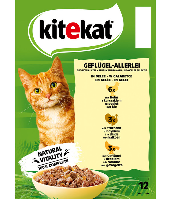 KITEKAT® Nassfutter für Katzen Multipack Geflügel-Allerlei in Gelee, Adult, 12 x 85 g