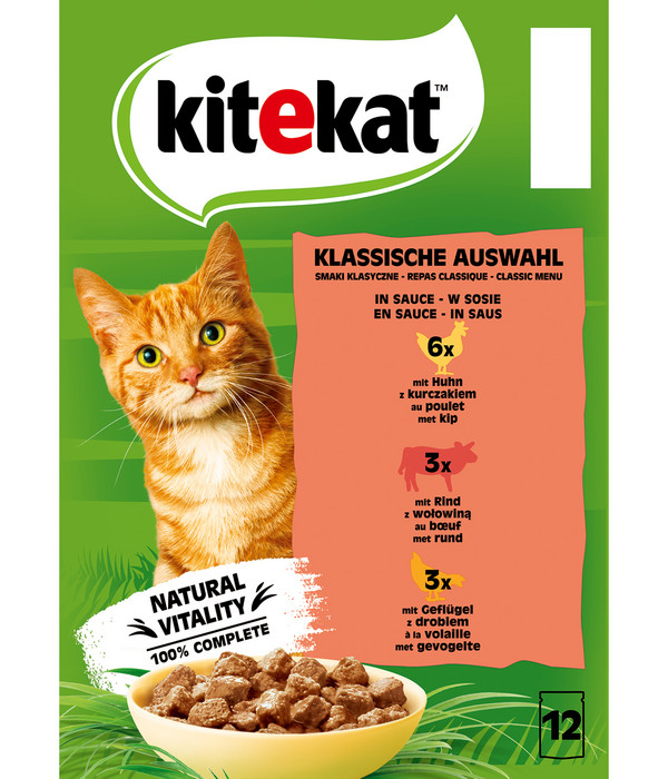 KITEKAT® Nassfutter für Katzen Multipack Klassische Auswahl in Sauce, Adult, 12 x 85 g