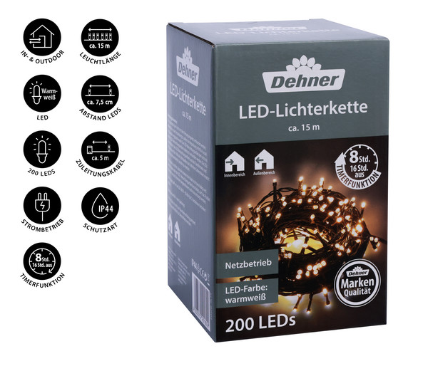 Dehner LED-Lichterkette, 200 LEDs, warmweiß, ca. L1500 cm