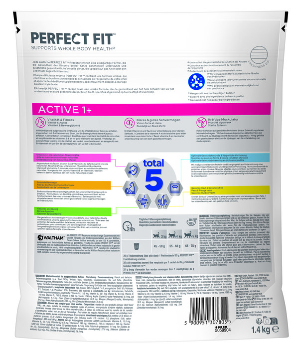 Perfect Fit® Trockenfutter für Katzen Active, Adult 1+, Rind, 5 x 1,4 kg