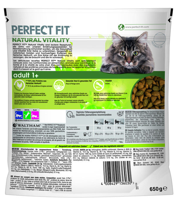 Perfect Fit® Trockenfutter für Katzen, Adult 1+, Huhn & Truthahn, 650 g