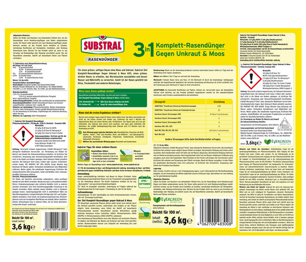 Substral® 3 in 1 Komplett-Rasendünger gegen Unkraut & Moos, 3,6 kg