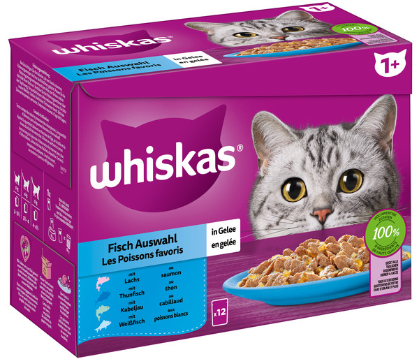 Whiskas® Nassfutter für Katzen Multipack 1+ Fisch in Gelee, Adult, 12 x 85 g