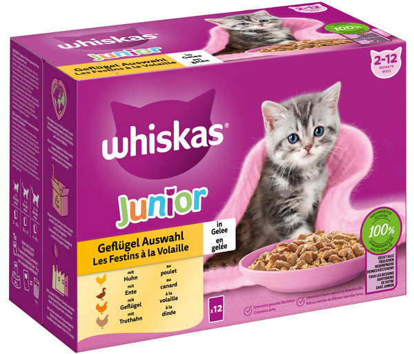 Whiskas® Nassfutter für Katzen Multipack Geflügel Auswahl in Gelee, Junior, 12 x 85 g