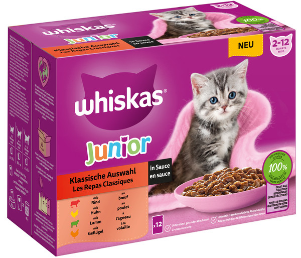 Whiskas® Nassfutter für Katzen Multipack Klassische Auswahl in Sauce, Junior, 12 x 85 g