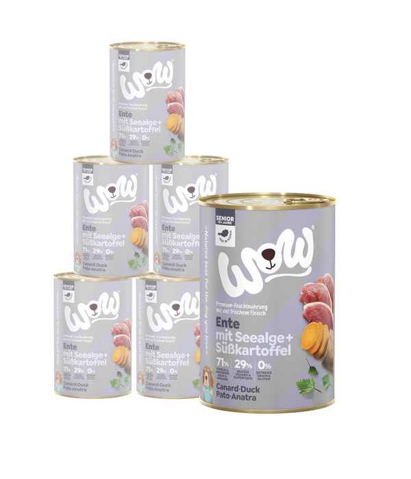 WOW® Nassfutter für Hunde Senior, Ente mit Seealge & Süßkartoffel, 6 x 400 g/800 g