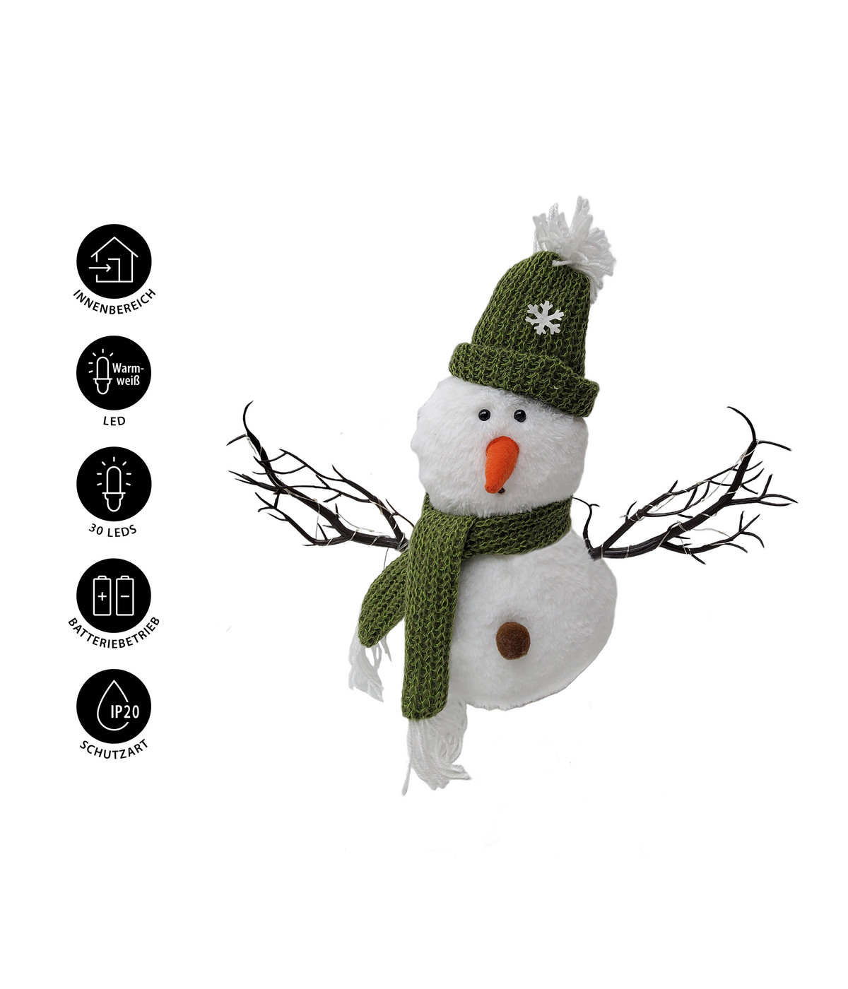 Dehner StoffFigur Schneemann Flocke, mit LEDBeleuchtung, ca. H39 cm